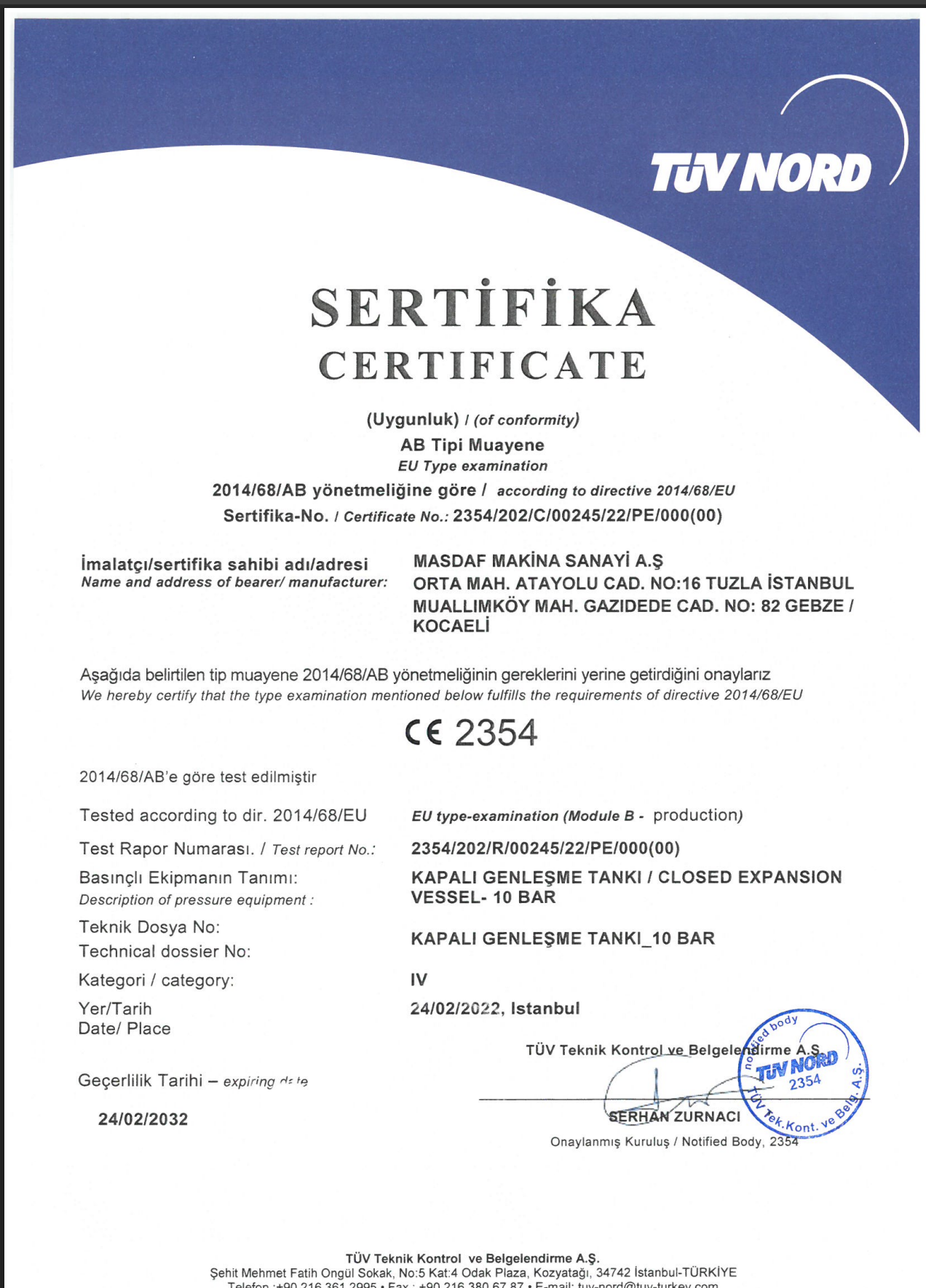 TUV CE Kapalı Genleşme Tankı