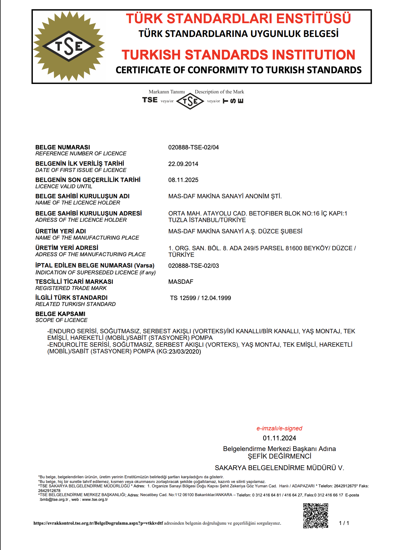 TSE Dalgıç Pompa / TSE 12599