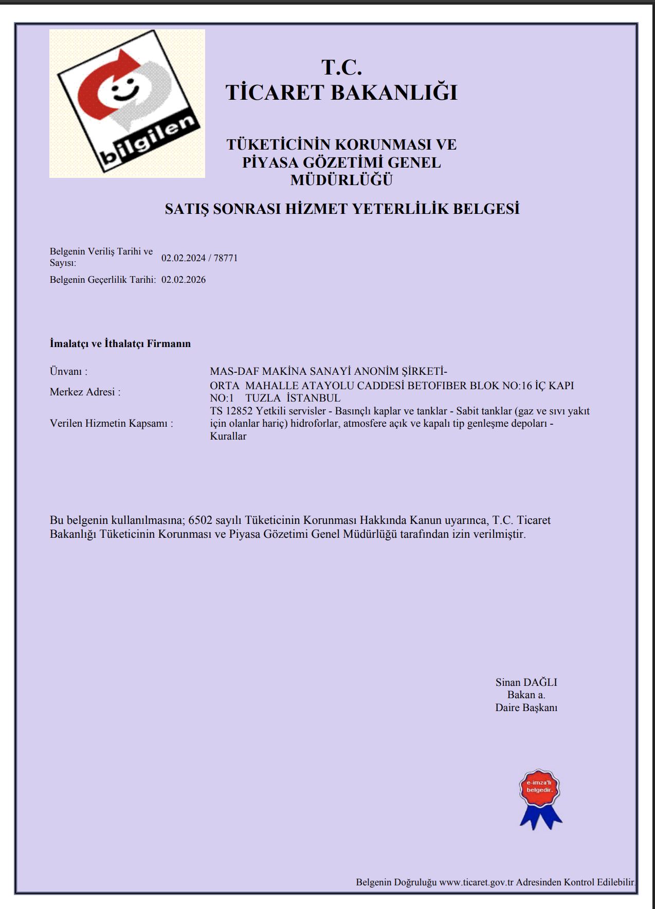 Satış Sonrası Hizmet Yeterlilik Belgesi – TS12852