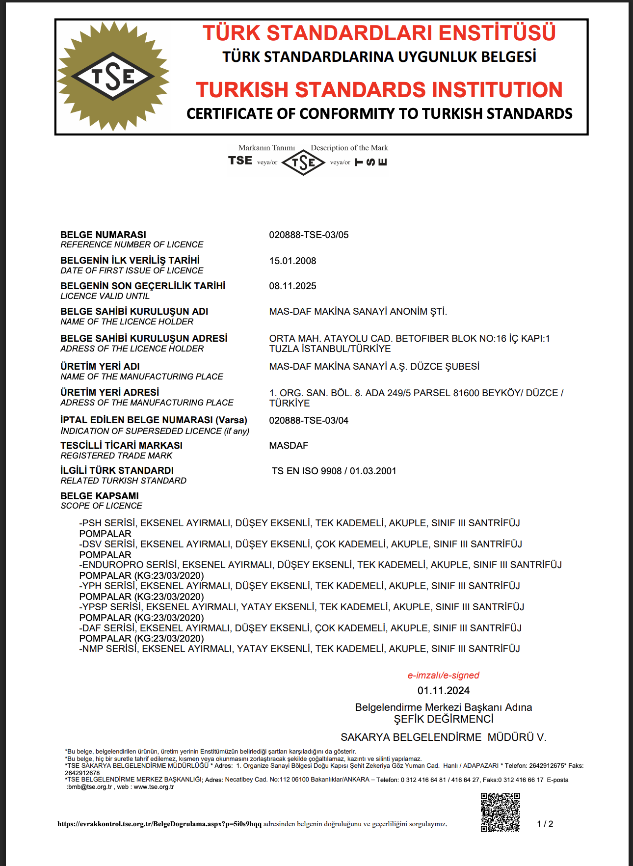 TSE Santrifüj Pompa Sınıf 3 / TSE 9908