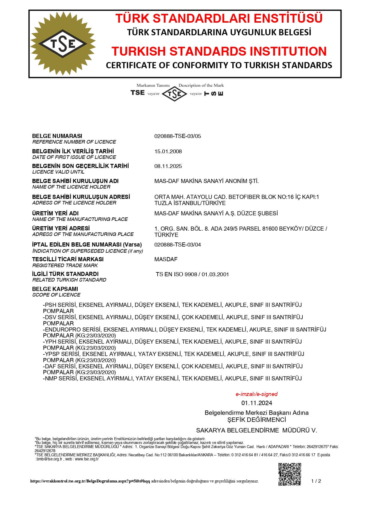 TSE 9908 – Centrifugal Pumps, Class 3
