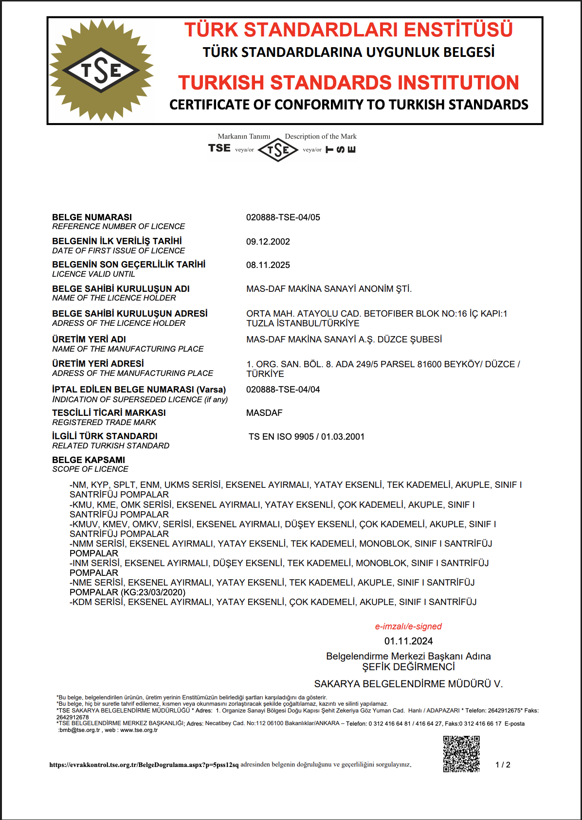 TSE Santrifüj Pompa Sınıf 1/ TSE 9905